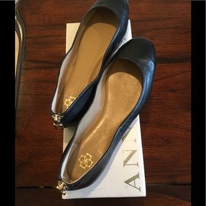 Ann Taylor black leather flats with zipper trim